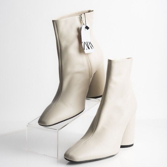 Zara Womens Ankle Boots Ivory Leather Zip Up Square Toe Heeled US 10 EU 41 NWD - Picture 1 of 9